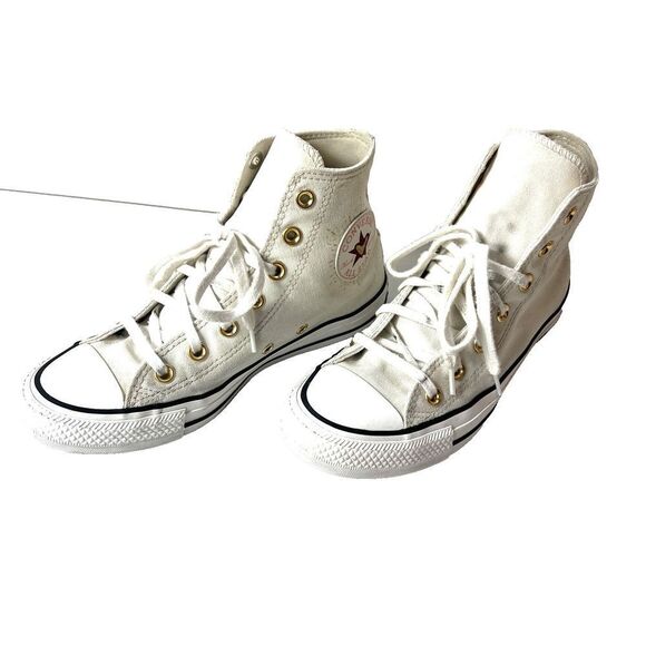 Converse All Star Hi-Top Ivory Canvas Sneaker Women's 7 Lace Up Shoes Gold Heart - Picture 2 of 11